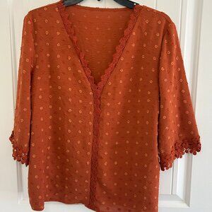 Shein Blouse Women Large Burnt Orange Embroidered V-Neck 3/4 Sleeve